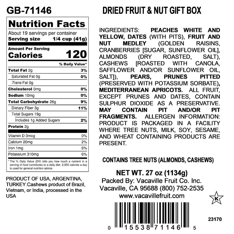 Holiday Dried Fruit & Nut Gift Box 27 oz Vacaville Fruit Company Inc.