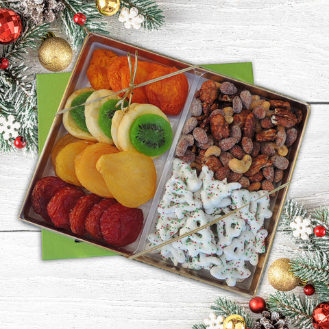 Holiday Gift Box with Dried Fruit, Nut Medley and Frosted Pretzels 18 oz