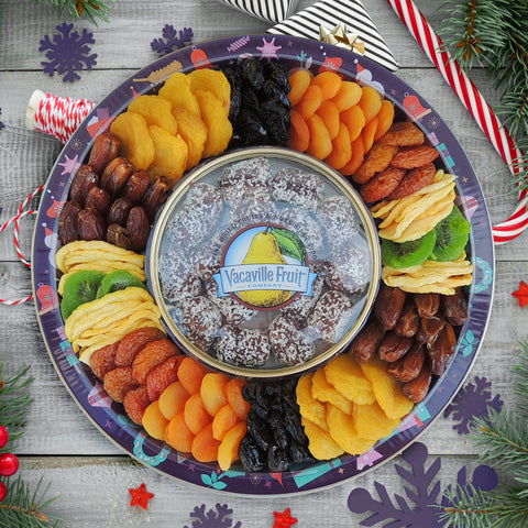 Happy Holidays Plum Tin Tray 43oz with Date Coconut Rolls