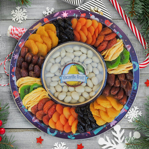Happy Holidays Plum Tin Serving Tray 38oz with Yogurt Almonds
