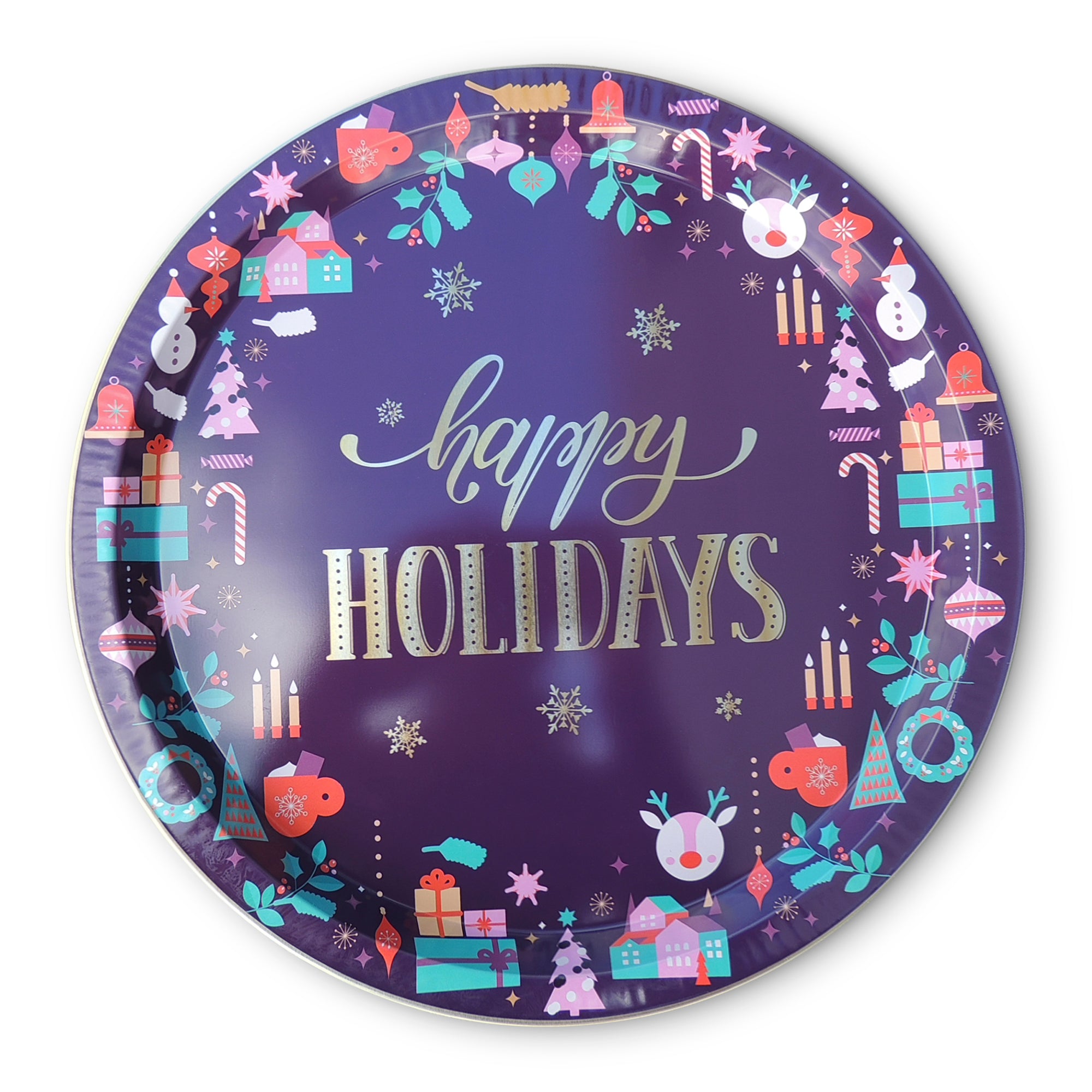 Happy Holidays Plum Tin Serving Tray 36oz with Frosted Pretzels