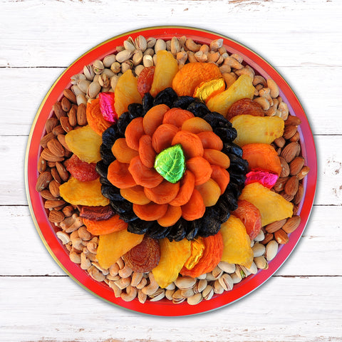 Fruit & Nut Red Tin Tray with Chocolate Leaves 52 oz