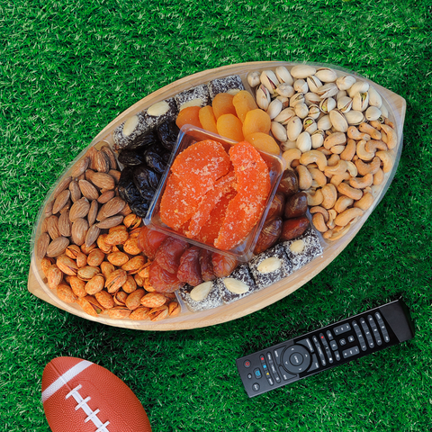 Dried Fruit & Nuts Football Bamboo Cutting Board 26 oz
