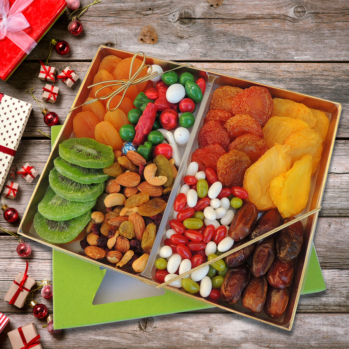 Holiday Gift Box with Dried Fruit, Fruit & Nut Medley Mix and Christmas Candies 22 oz